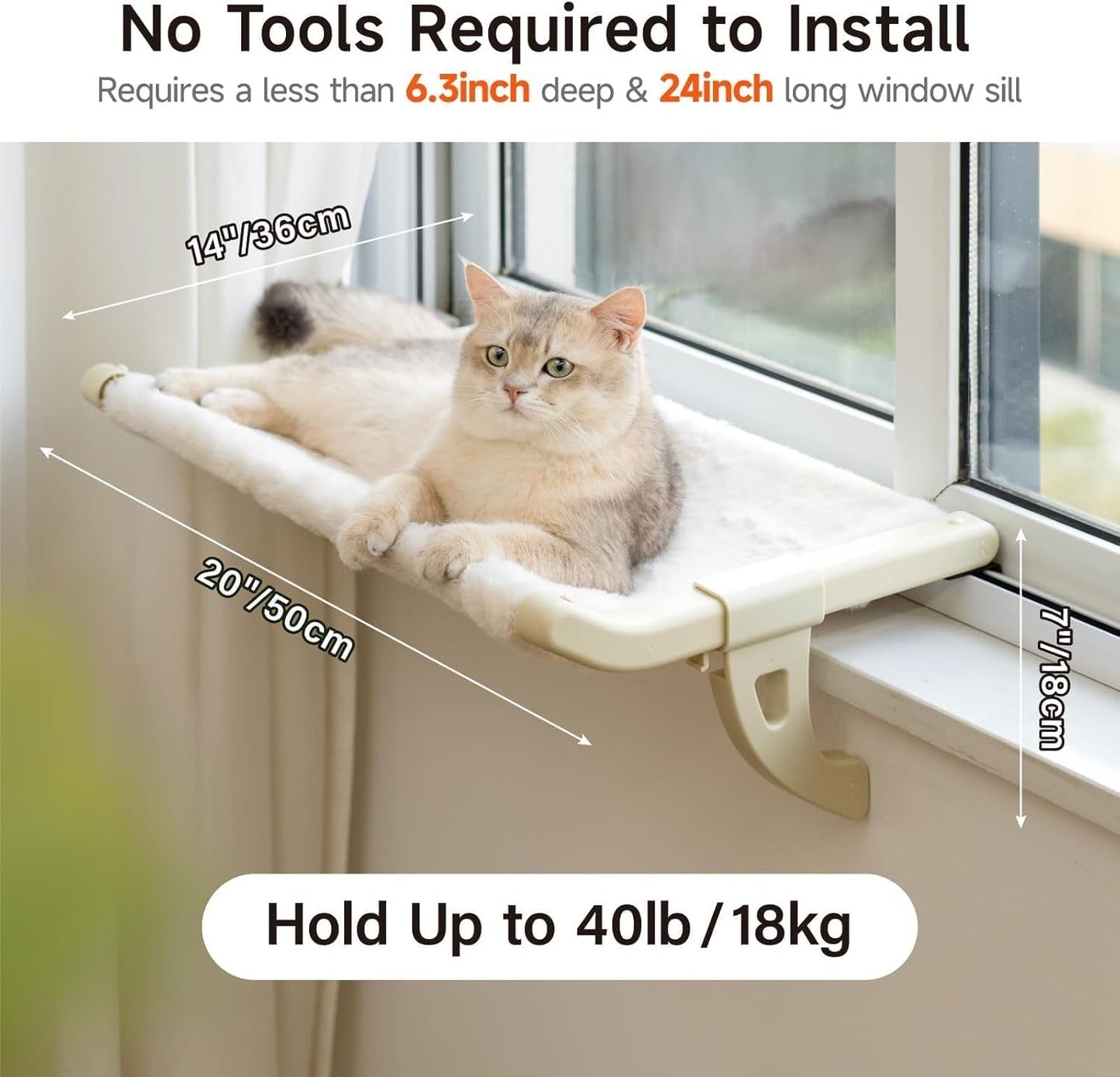 MEWOOFUN Cat Window Perch With One-Step Sliding Clamp - Adjustable Window Sill Hammock With Removable Cover For Indoor Cats - Medium Beige Cat Bed Fits Windowsill & Bedside